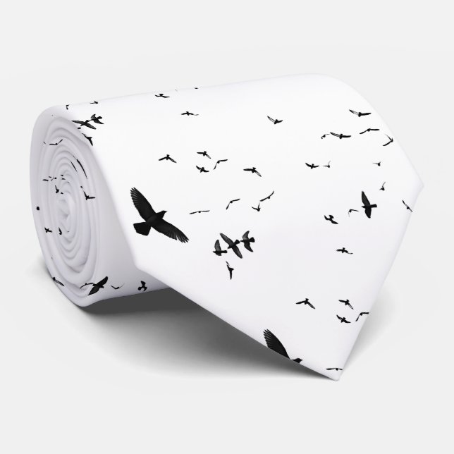 Flying Birds Black and White Neck Tie (Rolled)