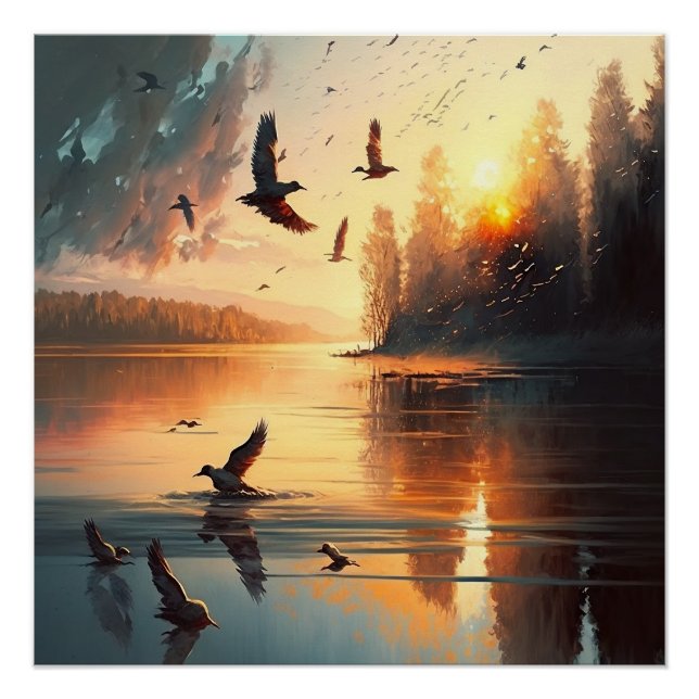 Flying Birds coucher de soleil lac Glossy Poster (Devant)