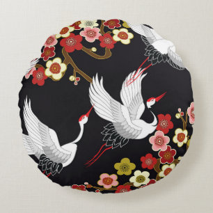 Flying Birds: Crane Heron Japanese. Round Pillow