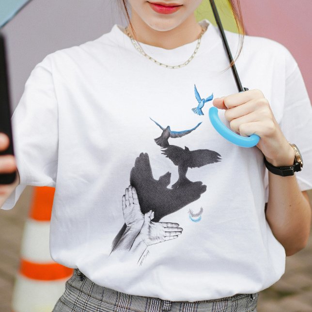 Flying birds Hand shadow Illusion Surreal art Cool T-Shirt (Creator Uploaded)