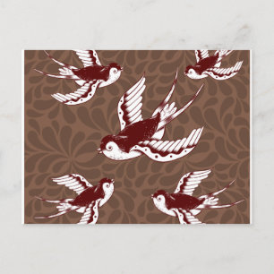 Flying Birds on Brown Damask Pattern Postcard