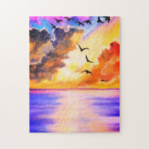 Flying Birds on Sea Sunset Puzzle - Aquarelle Art