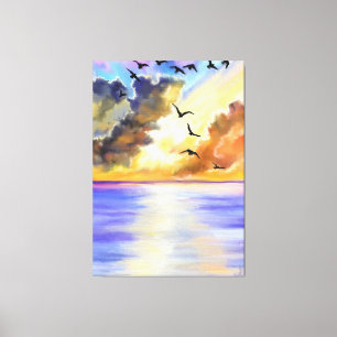 Flying Birds on Sea Sunset - Watercolor Art Canvas Print