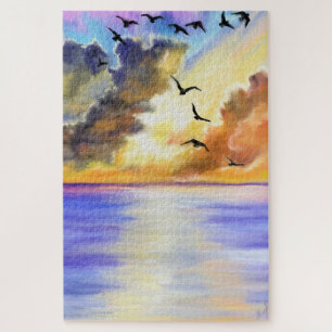 Flying Birds on Sea Sunset - Watercolor Art Jigsaw Puzzle