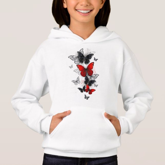 Flying Black and Red Morpho Butterflies (Front)