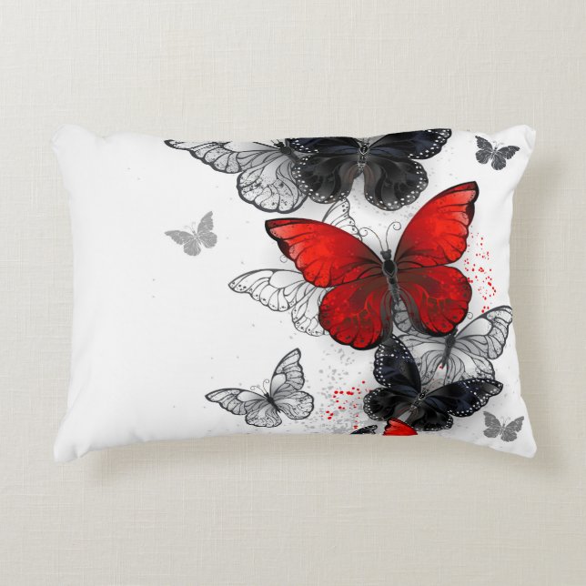 Flying Black and Red Morpho Butterflies Accent Pillow (Front)