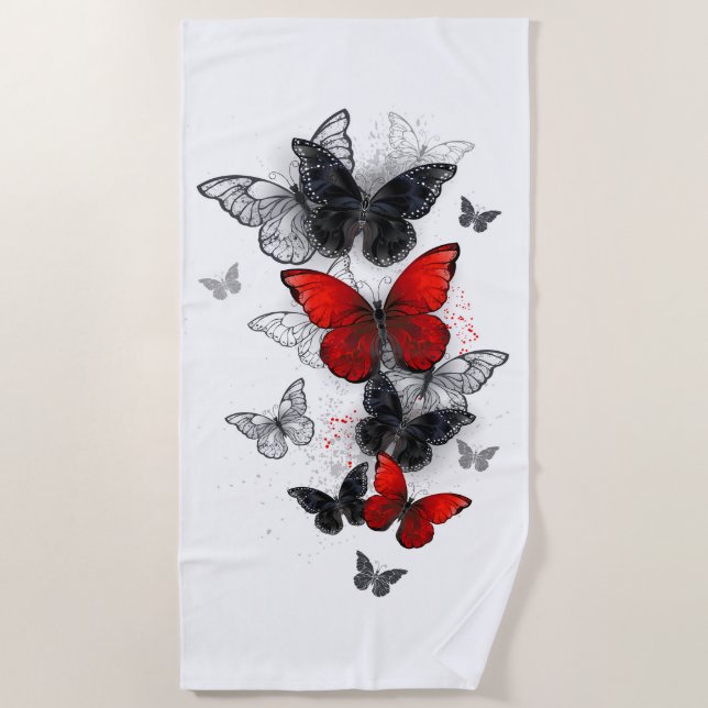 Flying Black and Red Morpho Butterflies Beach Towel (Front)