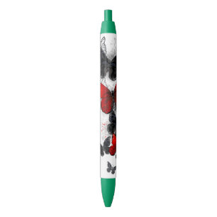 Flying Black and Red Morpho Butterflies Black Ink Pen