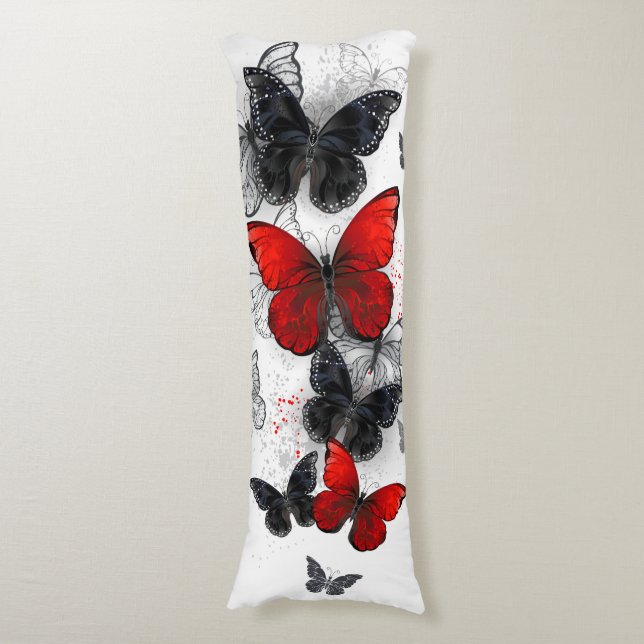 Flying Black and Red Morpho Butterflies Body Pillow (Front Vertical)