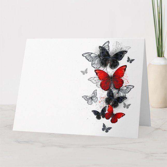 Flying Black and Red Morpho Butterflies Card (Front)