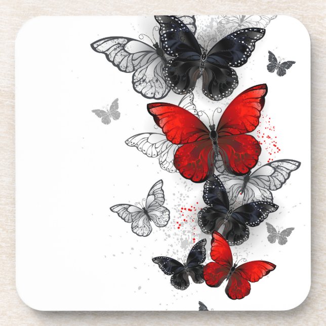 Flying Black and Red Morpho Butterflies Coaster (Front)