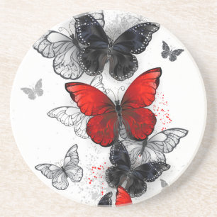 Flying Black and Red Morpho Butterflies Coaster