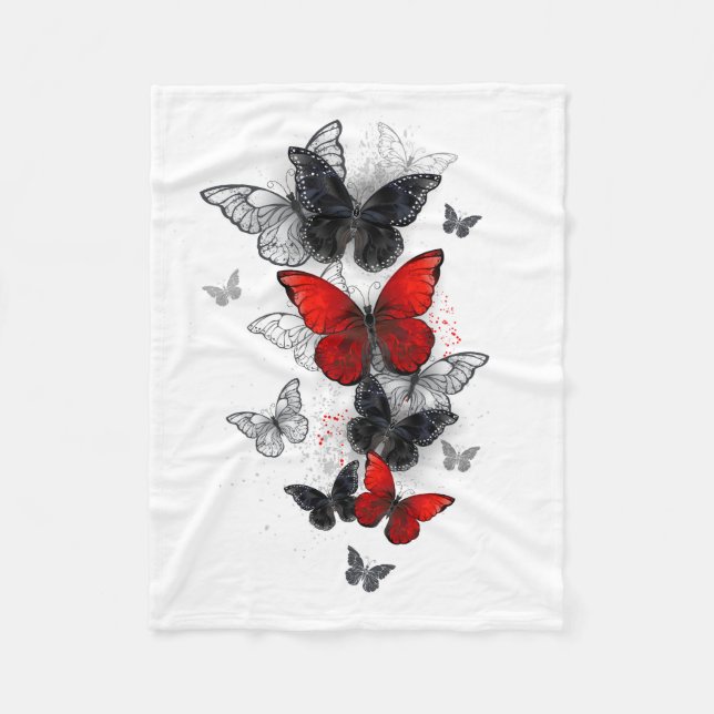 Flying Black and Red Morpho Butterflies Fleece Blanket (Front)