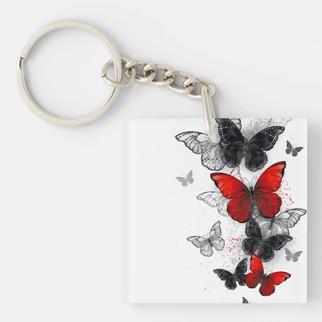 Flying Black and Red Morpho Butterflies Keychain (Front)