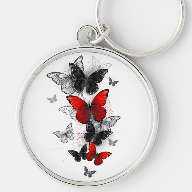 Flying Black and Red Morpho Butterflies Keychain (Front)