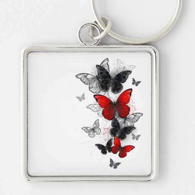 Flying Black and Red Morpho Butterflies Keychain (Front)