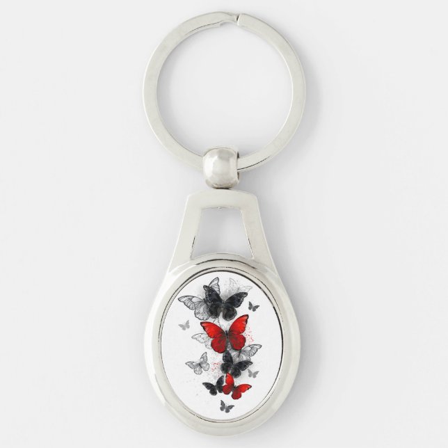 Flying Black and Red Morpho Butterflies Keychain (Front)