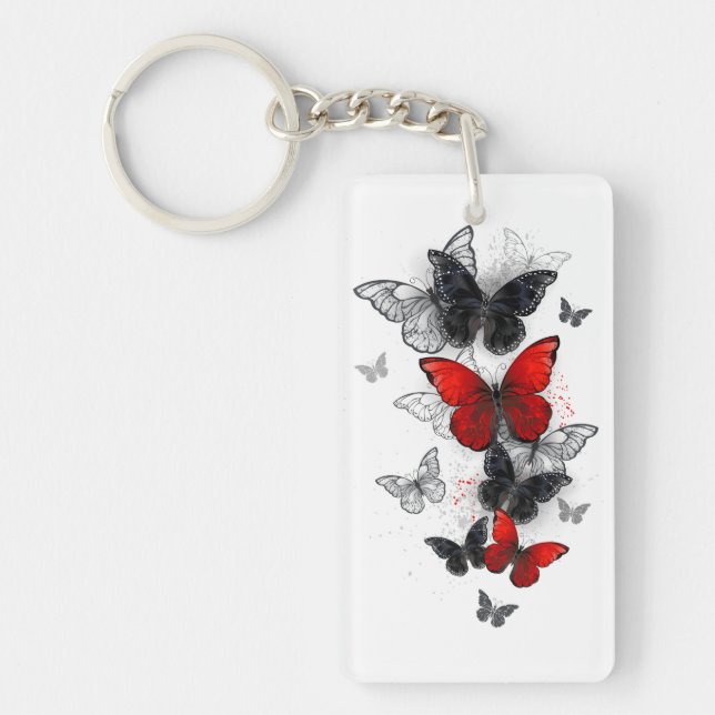 Flying Black and Red Morpho Butterflies Keychain (Front)