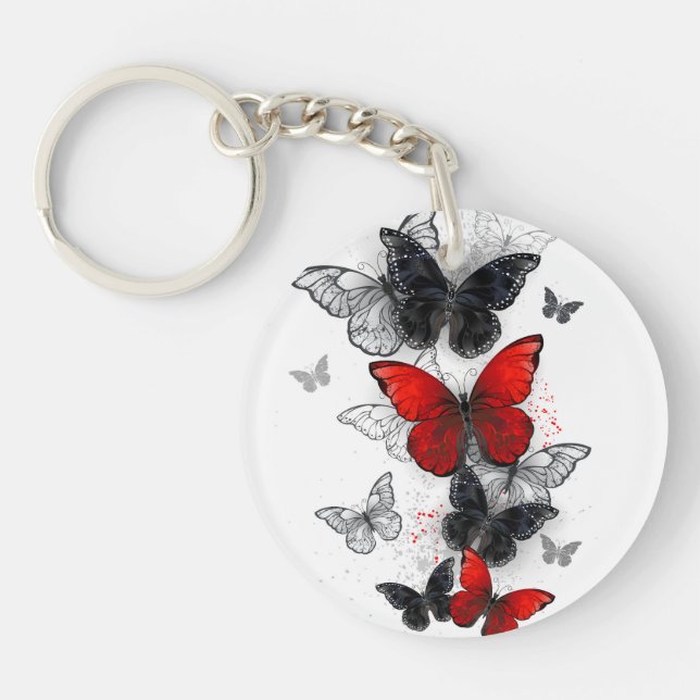 Flying Black and Red Morpho Butterflies Keychain (Front)
