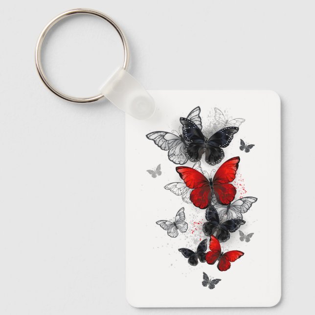 Flying Black and Red Morpho Butterflies Keychain (Front)