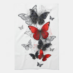 Flying Black and Red Morpho Butterflies Kitchen Towel