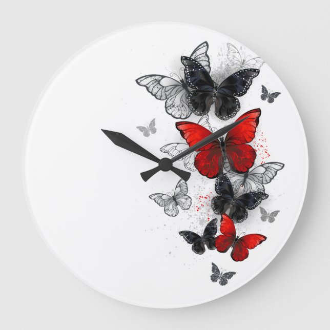 Flying Black and Red Morpho Butterflies Large Clock (Front)