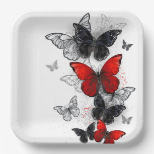 Flying Black and Red Morpho Butterflies Paper Plate