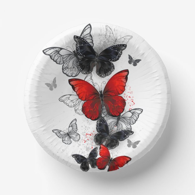 Flying Black and Red Morpho Butterflies Paper Plate (Front)