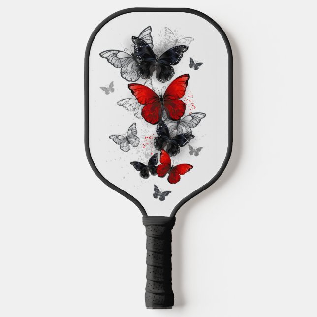 Flying Black and Red Morpho Butterflies Pickleball Paddle (Front)