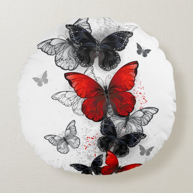 Flying Black and Red Morpho Butterflies Round Pillow (Front)