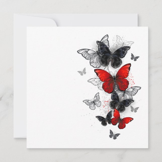 Flying Black and Red Morpho Butterflies Save The Date (Front)