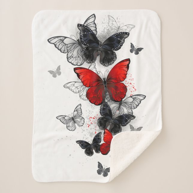 Flying Black and Red Morpho Butterflies Sherpa Blanket (Front)