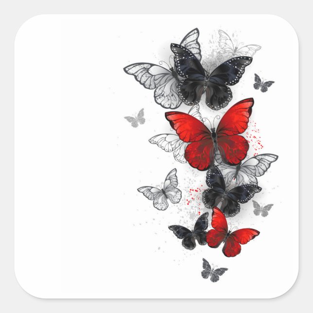 Flying Black and Red Morpho Butterflies Square Sticker (Front)