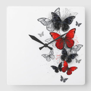 Flying Black and Red Morpho Butterflies Square Wall Clock