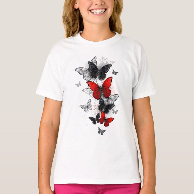 Flying Black and Red Morpho Butterflies T-Shirt (Front)