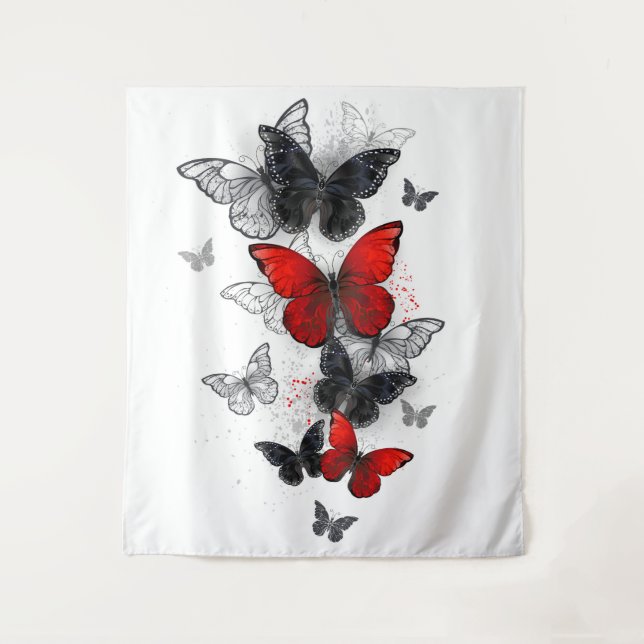 Flying Black and Red Morpho Butterflies Tapestry (Front)