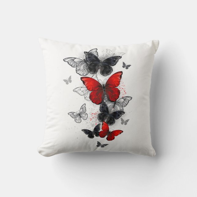 Flying Black and Red Morpho Butterflies Throw Pillow (Front)