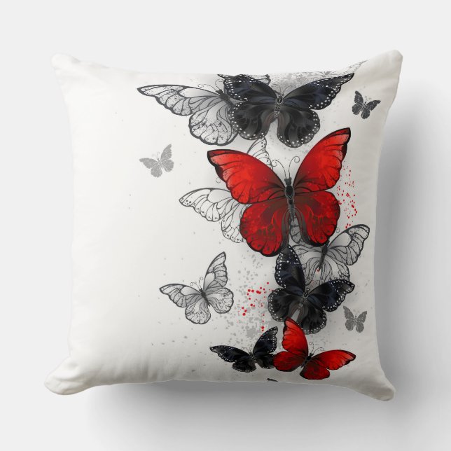 Flying Black and Red Morpho Butterflies Throw Pillow (Front)