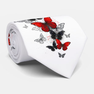 Flying Black and Red Morpho Butterflies Tie