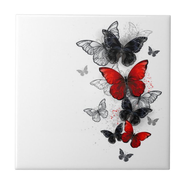 Flying Black and Red Morpho Butterflies Tile (Front)