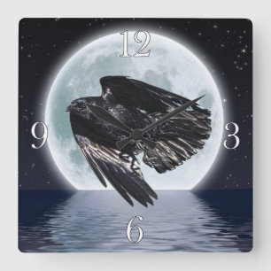 Flying Black Raven & Full Moon Square Wall Clock