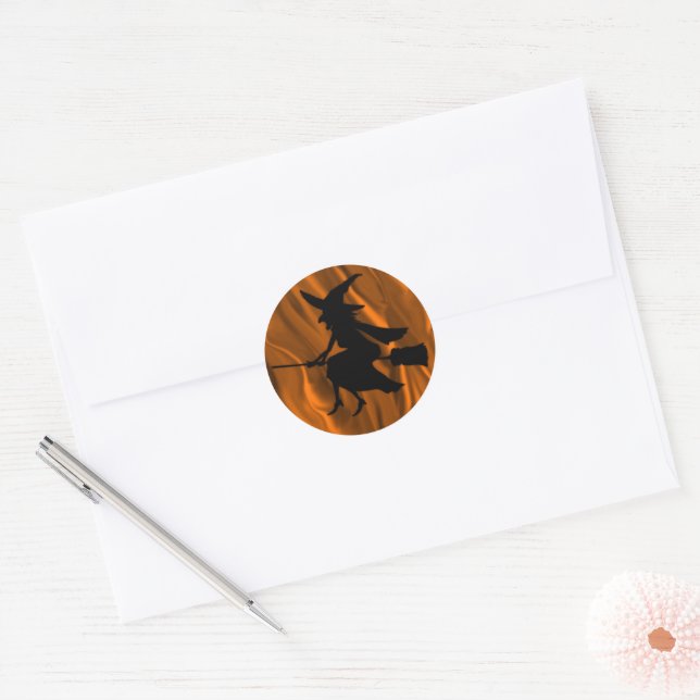 Flying Black Witch on Broomstick Halloween Classic Round Sticker (Envelope)