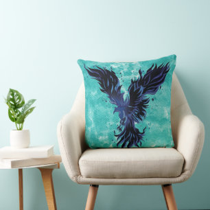 Flying Blue Phoenix Bird Graphic Throw Pillow
