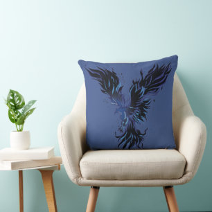 Flying Blue Phoenix Bird Graphic Throw Pillow