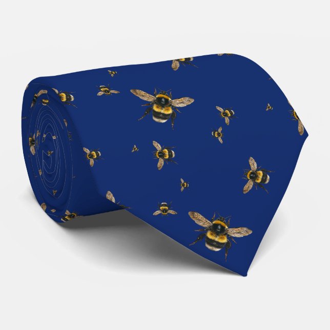 Flying Bumblebees Pattern Navy Blue Tie (Rolled)