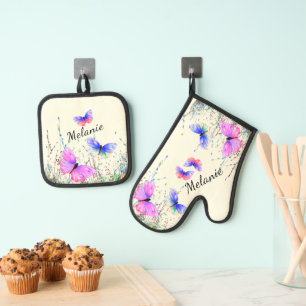 Flying Butterflies Custom Name Personalized Oven Mitt & Pot Holder Set