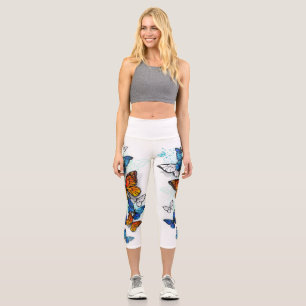 Flying Butterflies Morpho and Monarch Capri Leggings