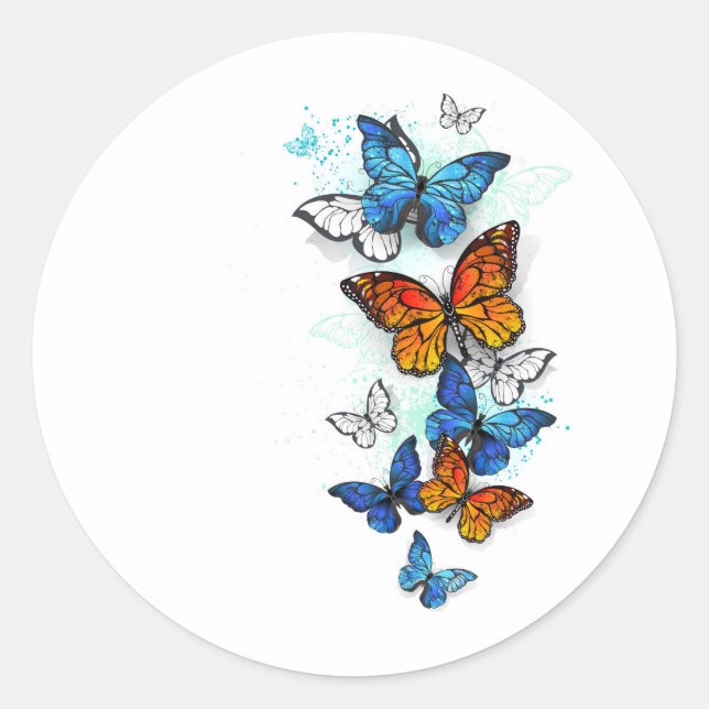 Flying Butterflies Morpho and Monarch Classic Round Sticker (Front)