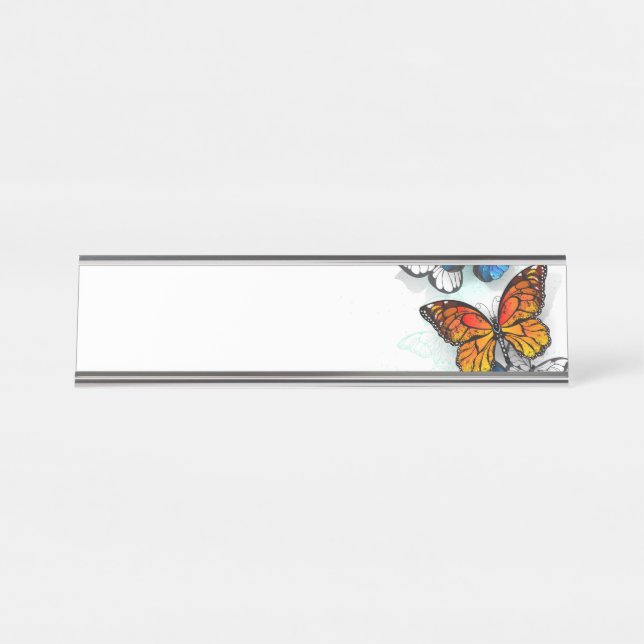 Flying Butterflies Morpho and Monarch Desk Name Plate (Front)