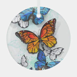 Flying Butterflies Morpho and Monarch Glass Ornament